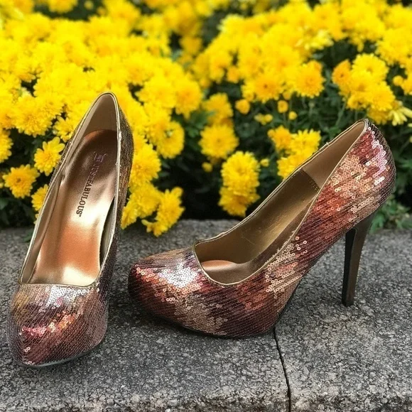 JUST FABULOUS 7.5 Copper Sequins Platform Pumps Size 7.5 - Picture 4 of 16